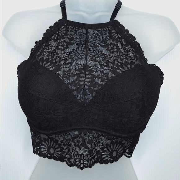 Victoria's Secret PINK Lace Bralette Medium Black Halter High Neck Floral - Picture 1 of 11